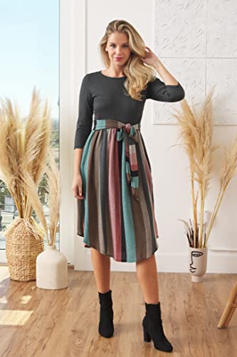 Image of Eloges Women's 3 /4 Sleeve Contrast Waist Band Floral Curved Hem Midi Dress
