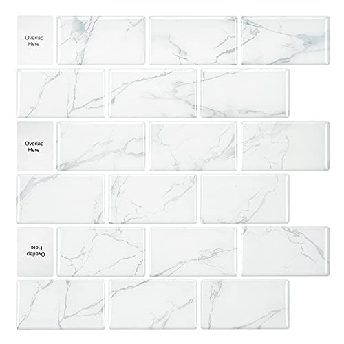 12-Sheet Peel and Stick Tile, Carrara White Marble Backsplash, Self-AdhesiveTiles Stickerï¼ŒSubway Wall Panels Stick on Kitchen Bathroom Wall(12"x12")