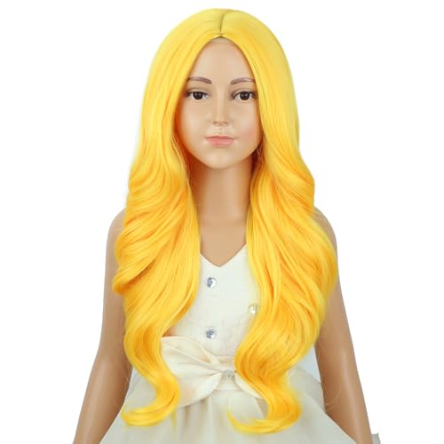 Image of Women Gold Yellow Wig Women Long Yellow Wavy Curly Wig Long Middle Part Wigs for Women Heat Resistant Synthetic Wigs with Cap