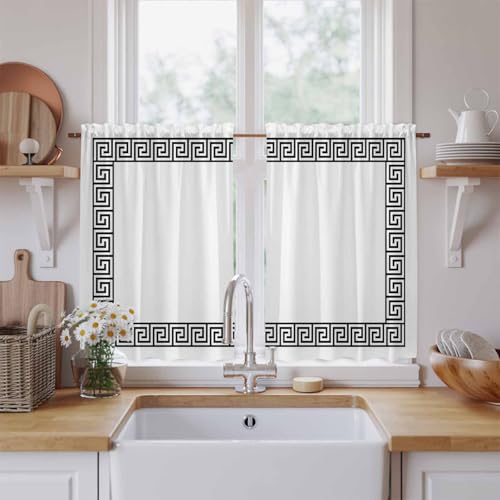 Black Geometric Kitchen Tier Curtains 45 Inch Long 2 Panel