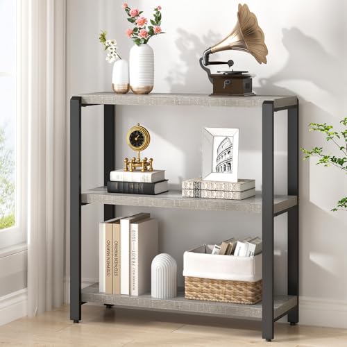 FOLUBAN 3 Tier Bookshelf, Industrial Wood and Metal Book Shelf and Bookcase, Short Book Case for Office Living Room Bedroom, Light Grey — view 6