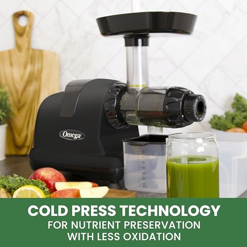 Image of Omega Cold Press Juicer Machine, All-in-One Nutrition System for Vegetable and Fruit Juice, Nut Butter, Baby Food, Pasta and Sorbets, Triple-Stage 80-RPM Slow Masticating Juicer, 200-Watts, Black