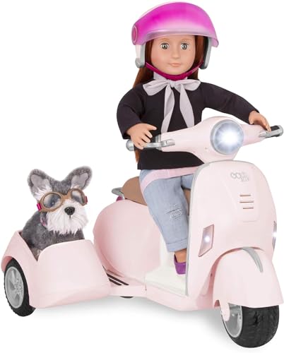 Our Generation – Fahrzeug Spielset – Helm & Beiwagen – 46 cm Puppenzubehör – Rollenspiel – Spielzeug für Kinder ab 3 Jahren – Roller mit Beiwagen + Duracell High Power Lithium 123 Batterie 3 V (CR123