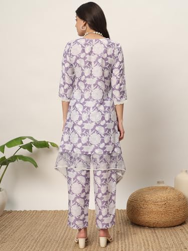 Image of FIORRA Women's Lavender Cotton Blend Printed Tunic with Pant Co-ords Set