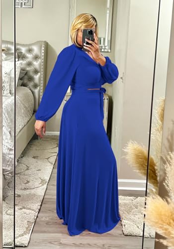 Image of Plus Size Women's 2 Piece Outfits Casual Long Sleeve Wrap Crop Top Maxi Long Dress Flowy Matching Sets