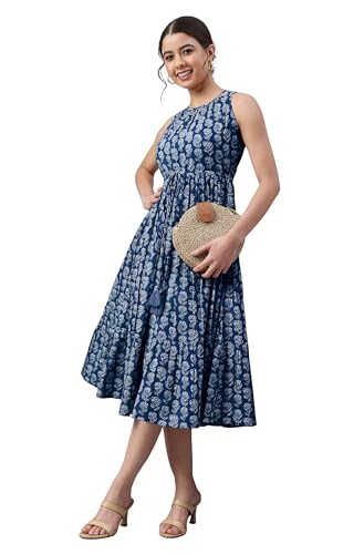 Image of Janasya Women's Cotton Floral Block Print Tiered Western Dress