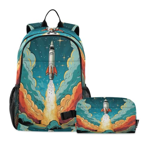 Sac à dos étudiant fusée et ciel nocturne avec sac à déjeuner assorti pour garçon