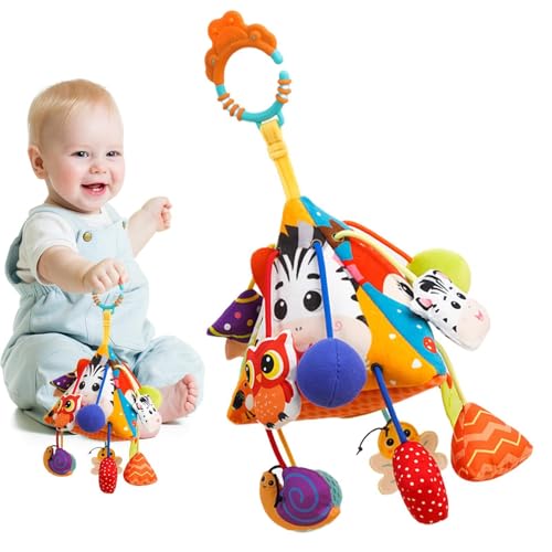 ひものおもちゃ - 魅力的な動物、感覚玩具 |巾着引き出し式ベビー教育ガラガラペンダント、ベビーカーに簡単に取り付けられ、ベビーカーカーシートベビーベッド用の吊り下げ飾り、細かい運動能力を向上させます