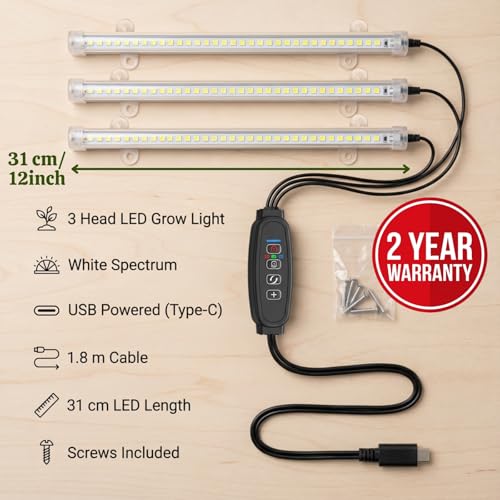 Image of ecofynd Aira3 2 Years Warranty Grow Light for Indoor Plants (Seedlings & Leafy herbs), White Spectrum Auto On /Off Automatic Timer, 3 Head 10 Watt LED Artificial Sunlight, 1.8M Wire Type C Connector