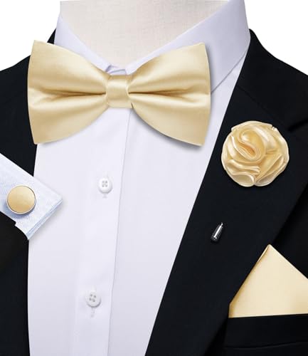 Image of Solid Color Bow Ties for Men Silk Pre-tied Tuxedo Bowtie Set 4PCS | Pre-tied in 3 seconds,adjustable 4PCS bow tie and pocket square cufflinks lapel pin set,wedding,formal,party,prom,graduation