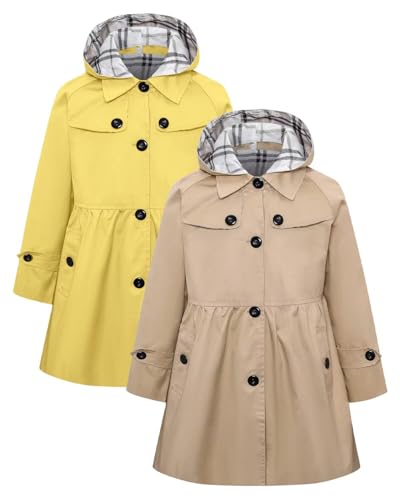 Image of Betusline Girls 2 Packs Trench Coat Hooded Lightweight Single Breasted Dress Outerwear Jacket,2P-Khaki+Yellow,13-14 Years = Tag 170