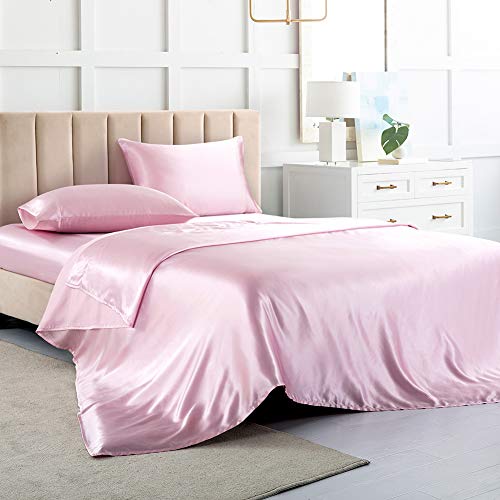 Luxbedding Satin Bed Sheets Full, Pink Silk Sheets, Soft Silk Bed Sheets with 1 Deep Pocket Fitted Sheet & 1 Flat Sheet & 2 Silky Satin Pillowcases Luxbedding Satin Bed Sheets Full, Pink Silk Sheets, Soft Silk Bed Sheets with 1 Deep Pocket Fitted Sheet & 1 Flat Sheet & 2 Silky Satin Pillowcases
