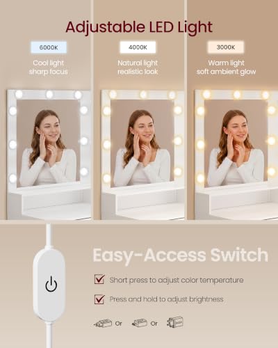 Image of VASAGLE 31.5-Inch Vanity Desk with Mirror and Lights, Power Outlets