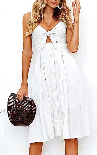 Image of FANCYINN Womens Tie Front Button Down A-Line Dresses Summer Spaghetti Strap Midi Dress Floral Prints