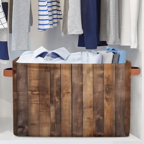 Image of Rustic Wooden Board Storage Baskets for Organizing, Fabric Collapsible Storage Bins Box Retro Decorative Toy Organizer Baskets for Closet Shelves Gift Basket 1 Pc