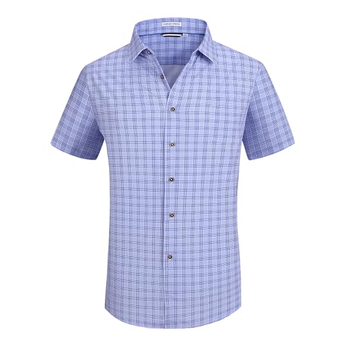 Esabel.C Mens Casual Button Down Shirts Wrinkle Free 4-Way Stretch Short Sleeve Plaid Summer Business Shirt,BlueA05,S