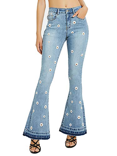 Anna-Kaci Womens Floral Daisy Embroidered Mid Rise Bell Bottom