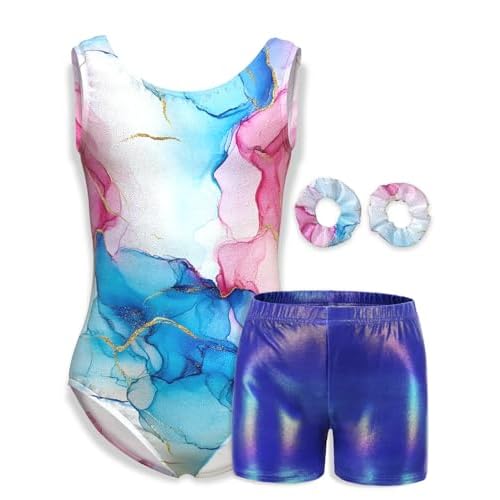 MOLLDAN Girls Gymnastics Leotard Athletic Biketard Unitard Tumbling Activewear Outfits for kids Marble Pink-blue Set 6Y(6-7 Years)