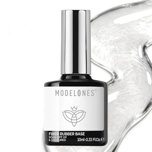Image of modelones Fiber Rubber Base Gel for Nails, 15ml Clear Glass Fiber Rubber Base Gel Polish Coat Builder Nail Strengthener Thickening for Weak Cracked Thin Nails Foundation Gel Cured Needed