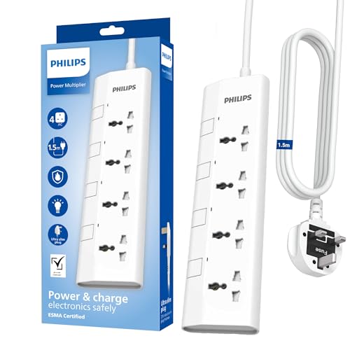 Philips 4-Way Universal Power Extension Cord with Individual Switches (1.5M) 2500W Overload Protection 750C Fire-Resistant 3x1mm Heavy Duty Cable 13A Fuse ESMA Certified UK Plug - White