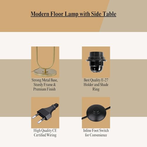 Image of Deco Crush Modern Table Shelf LED Floor Lamp Standing Brass Antique Gold Finish 5ft Height with Shelf Diameter 12inches Home Decoration, Living Room and Beige Lampshade (Pack of 1)
