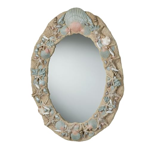 By The Sea Coastal Oval Wall Mirror | Handpainted Neutral Sandy Frame with Pastel-Hued Starfish, Sand Dollars, Scallop Shells, & Seashells | Beach Themed Shaped Wall-Mounted Mirror with Sand Texture