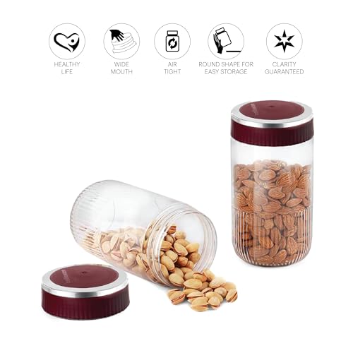 Image of CELLO Mint Storage Canister For Kitchen Set of 2, (1000 ml x 2), Maroon | Food Grade, Stackable, See Through |Nestable Storage Pet Container with Lid for Food, Pulses, Spice, Cereals, Cookies,Dry Food