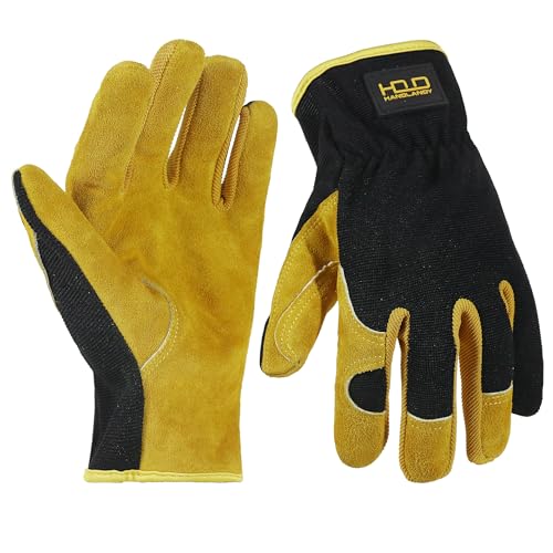 HANDLANDY Men Leather Gardening Gloves, Utility Work Gloves for Mechanics, Construction, Driver Large Yellow