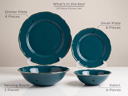 Image of Bodhi House 20-Piece Gold Rim Porcelain Dinner Set | Plates & Bowls Set | Lightweight, Chip Resistant, | Dishwasher Safe | Ideal for Home Dining, Parties & Gifting Tableware Set | Teal