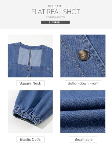 Image of Sidefeel Women's Spring Outfit Denim Dress 3 /4 Sleeve Loose Fit Square Neck Summer Jean Dresses with Pockets