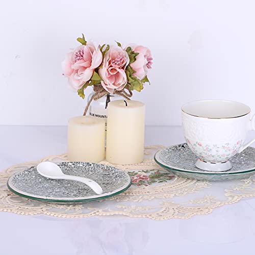 BSTKEY Set of 2 Mosaic Glass Candle Plates, Decorative 15CM Round Candle Plate Holder Pillar Candle Holder, Tealight Candle Mat Cup Plate Coasters (Silver) - Image 6
