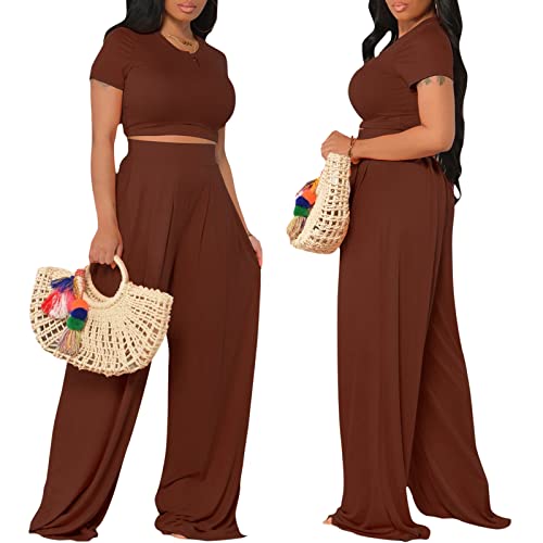 Image of Casual Summer 2 Piece Outfits for Women Crop Top High Waist Pants Sets