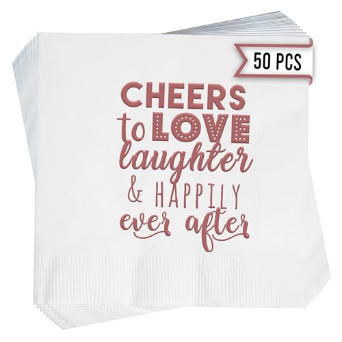 Cheers to Love and Laughter Wedding Cocktail Napkins – 50 PCS 3-Ply Funny Wedding Napkins For Reception, Bridal Shower, Rehearsal Dinner, and Engagement Party Decorations - White and Rose Gold