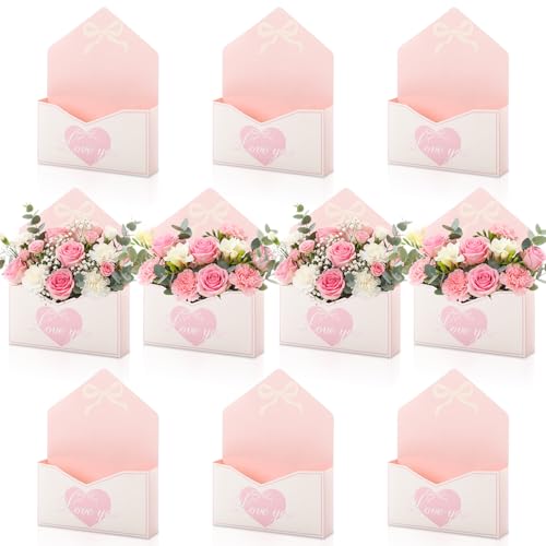 Geyee 10 Pcs Graduation Floral Bouquet Envelope Boxes Pink Flower Bouquet Packaging Gift Paper Wrapping Flower Bags for Arrangements Mother's Day Wedding Party Birthday, 9.3‘' x 3‘' x 13.8''