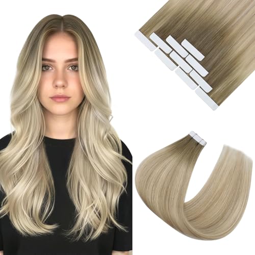 Image of Ve Sunny Hair Tape in Extensions Ash Blonde Mix Platinum Blonde | Human Hair Extensions Tape ins,20Inch 25g 10Pcs,Skin Weft,for Wedding
