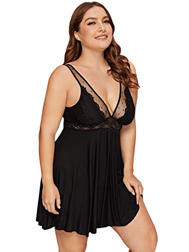 Verdusa Women's Plus Size Deep V Neck Lingerie Lace Mesh Babydoll Chemise Black 4Xl #TOP2
