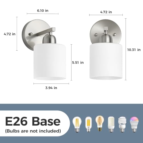 Image of Brushed Nickel Bathroom Light, Anti-Rust Finish 2PCS Light Bathroom Vanity Light Brushed Nickel, Milky White Frosted Glass Shades, E26 Socket