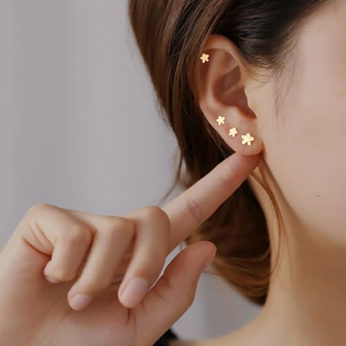 3 Pairs Gold Tiny Flower Stud Earrings 925 Sterling Silver Set for Women Girls Cute Cartilage 20g Studs Tragus Post Pin Hypoallergenic Jewelry Gifts Birthday Holiday3