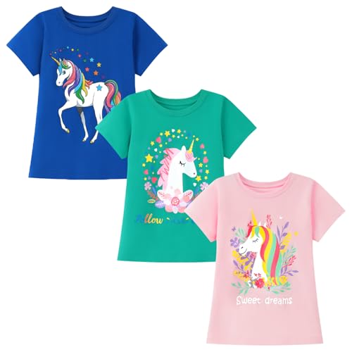 Image of HILEELANG Girl Short Sleeve Tee Shirts Cotton Casual Summer Graphic Tops T-Shirts Multipack