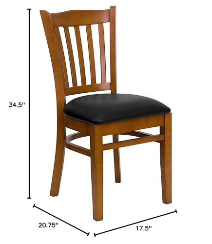 Image of Flash Furniture 4 Pk. HERCULES Series Vertical Slat Back Cherry Wood Restaurant Chair - Black Vinyl Seat | Vertical Slat Back, Wood FrameVinyl Upholstery, Durable Construction, Commercial Use