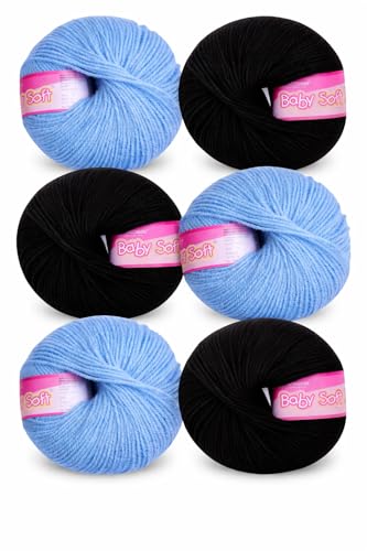 Image of Vardhman BabySoft Knitting Yarn | 100% Acrylic Wool | 4 Ply | Thin Knitting & Crocheting Hook Thread & Lightweight | Special Baby Wool | 150 Grams (6 Balls of 25g) | Machine Washable | Ideal for Blankets, Hats, Booties Ultra-Soft for Baby Sweaters, Blankets, Caps, Socks, Soft toys, Art & craft (Steel Blue 78 + Black 21)