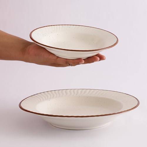 Image of miah decor Off-White Ceramic Pasta Bowls Set of 2 (Large & Medium) with Brown Rim | Stackable, Microwave & Dishwasher Safe | Stoneware Serving Bowls for Pasta, Salad, Soup, Ramen (Style 11)