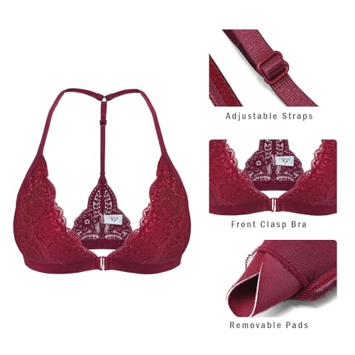 Image of SHEKINI Women's Embroidered Triangle Bra Front Closure Plunge Wireless Lightly Lined Lace Bralette Top
