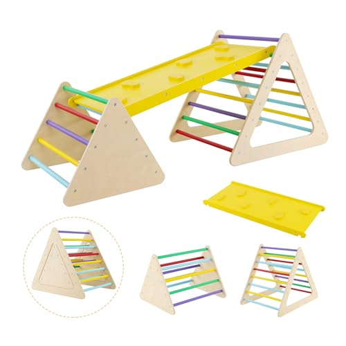 RELAX4LIFE Triangolo da Arrampicata con Scivolo per Bambini, 2 Scale e 1 Rampa per Arrampicarsi in Legno, Giochi Montessori, Parco Divertimenti per Bimbi 1+ Anni (Colorato)
