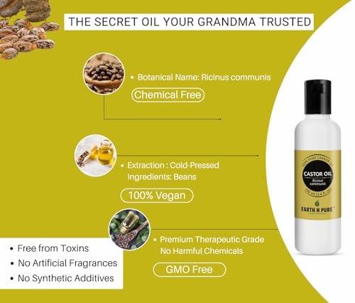 Image of Earth N Pure Castor Oil - 100% Pure & Natural for Hair, Skin, Lashes & Nails - Deeply Moisturizing - Vegan & Cruelty-Free | 100ml
