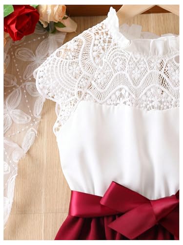 WDIRARA Girl's Contrast Lace Ruffle Mock Neck Cap Sleeve Dress High Waist A Line Belted Flared Dresses4