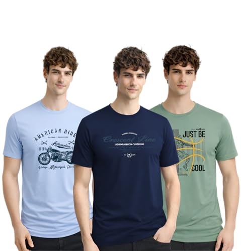 Image of ADRO Mens Printed T-Shirts Pack of 3 | 100% Cotton Regular Fit Graphic Tshirt | Breathable Stylish Casual T Shirt Gym Travel Summer T Shirts
