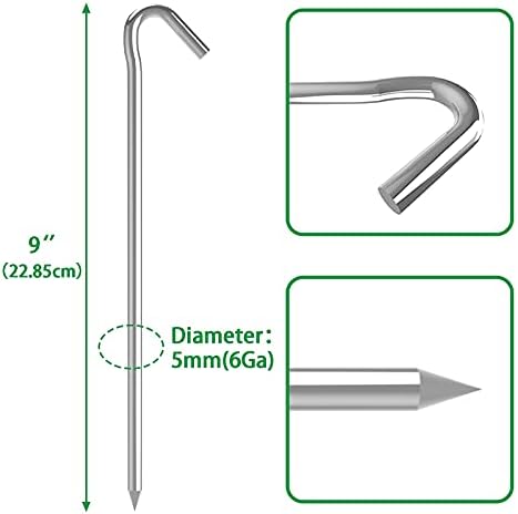 25 PCS Tent Pegs Heavy Duty, Metal Galvanised Garden Stakes for Camping, Hiking, Traveling,Ground Peg with Curved Hook Ends,Christmas Decorations,5mm×9inch