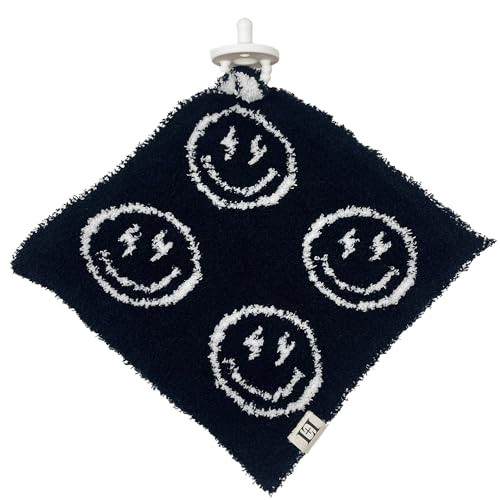 Image of L+L USA Smiley Face Baby Lovey Pacifier /Teether Holder 10 inchx10 inch - DreamSoft Plush Fluffy Cuddly Soothie Reversible Mini Comfort Blanket - Cute Newborn Gift Essential Babies Boys and Girls (Black /White)