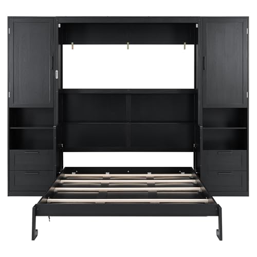 Image of Merax Queen Size Murphy Bed with Desk, Multifunctional Foldable Wall Bed with Closet, Drawers and Shelves, Space-Saving Wood Bed Frame for Small Space Studio Study Office Guest Room, Black(Oak Veneer)